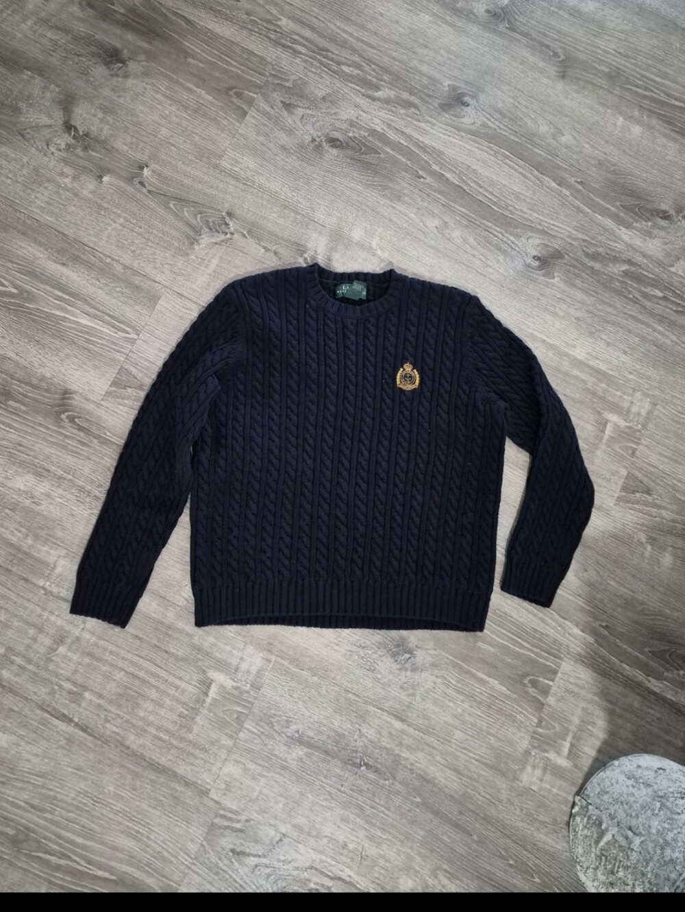 Men's Navy Cable Knit Sweater with Crest Emblem